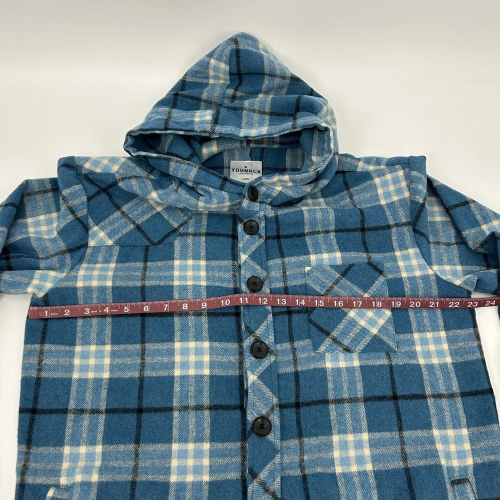 YoungLA Flannel Shirt Jacket Mens Large Blue Plaid Hooded Shacket Streatwear